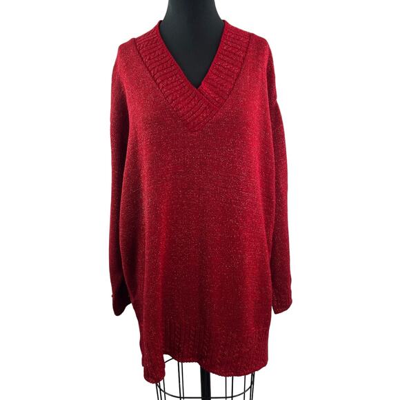 Vintage DVF Diane von Furstenberg Red Metallic Sweater V-Neck Pullover Size 3X - Picture 1 of 10